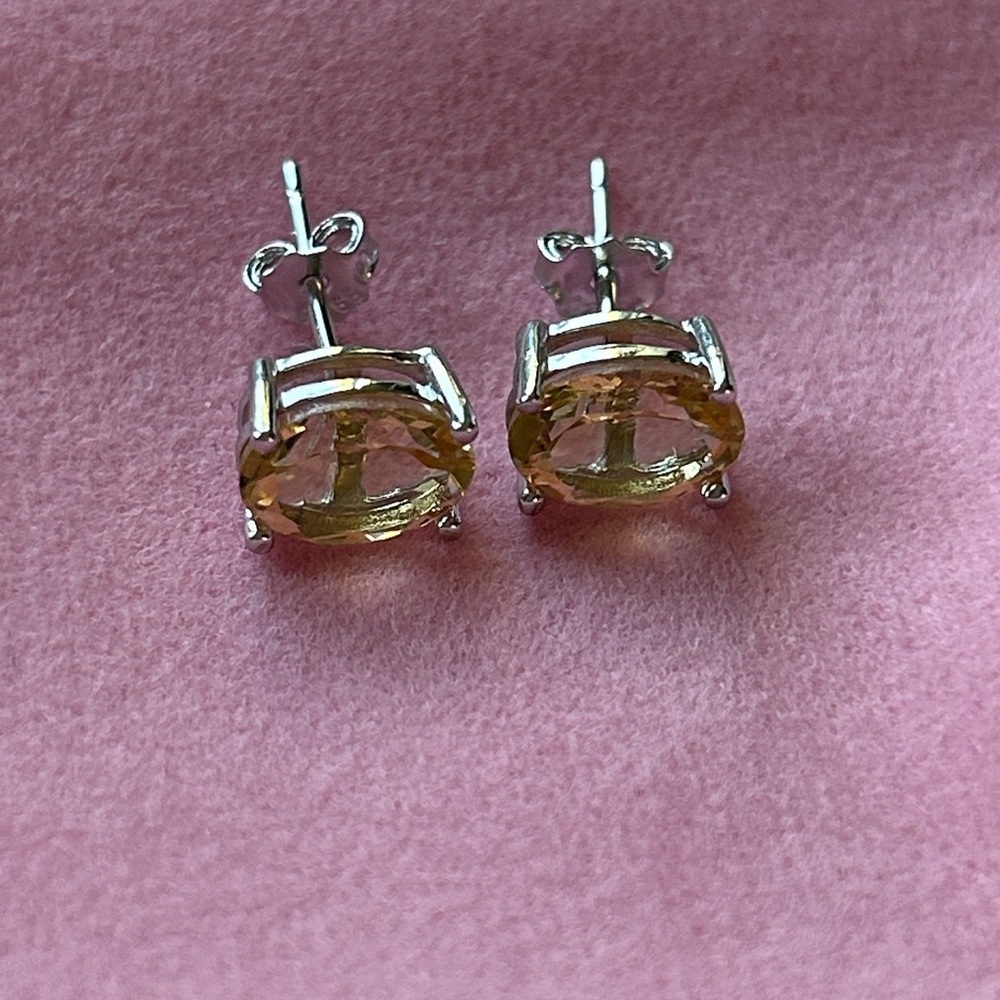 Yellow‎ citrine November birthstone Sterling Silver oval stud earrings